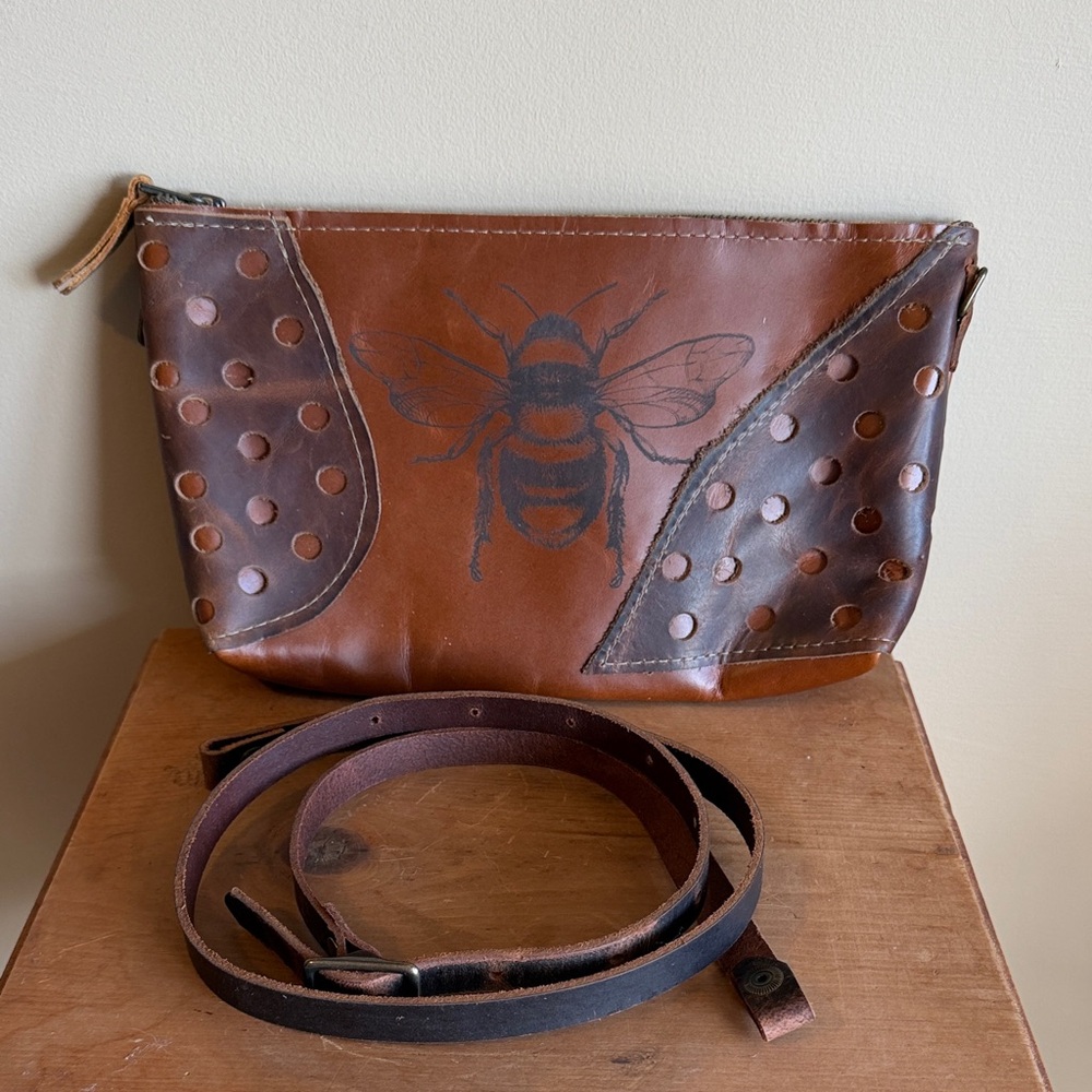 In Blue Leather Clutch with Bee Design